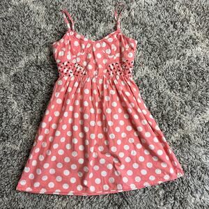 Angie Coral Pink Polka Dot Cutout Smocked Dress Sundress S Small Y2K Skater